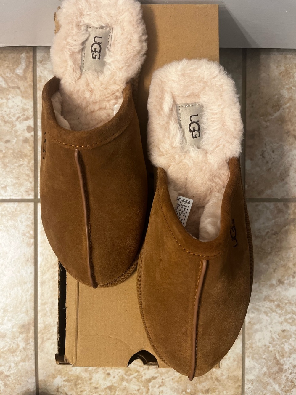 UGG Chestnut Suede Shearling Slip-On Clogs